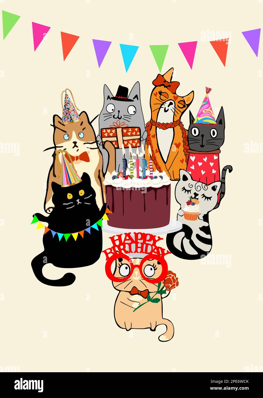 Biglietto di auguri di buon compleanno con carino gatto vettore Illustrazione Vettoriale