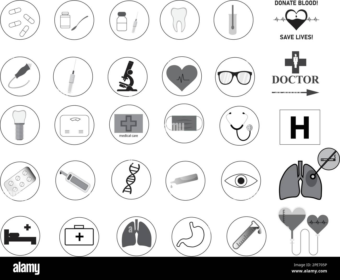 Set di trenta icone mediche e sanitarie Illustrazione Vettoriale