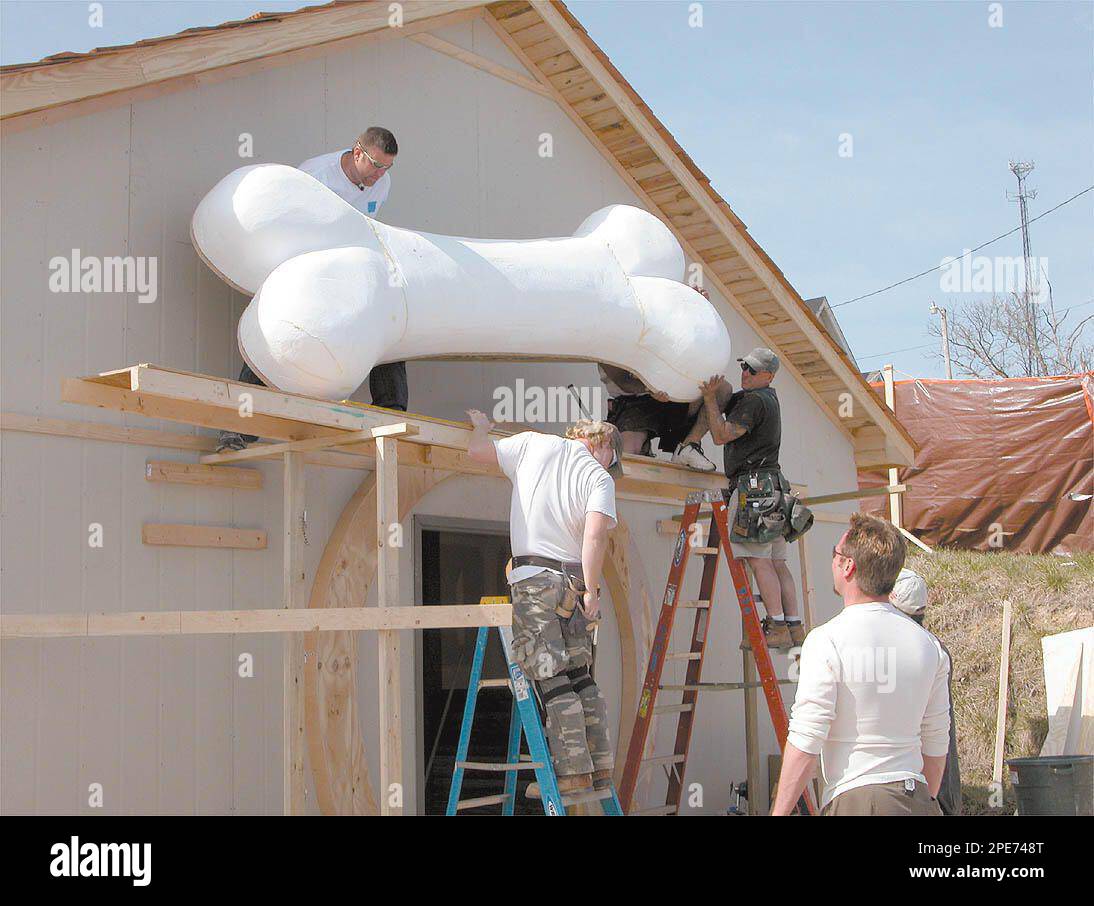 "Monster House" builders and decorators use exaggerated features on the Cleveland, Tenn., Animal Shelter, March 23, 2005. "Monster House" host, Steve Watson, and crew were in Cleveland to perform a makeover of his mother's house for a Mother's Day show scheduled to air Friday, May 6, 2005, on Discovery Channel. A segment on outfitting the animal shelter will air at a later date. (AP Photo/Daily Banner, Greg Kaylor) Foto Stock
