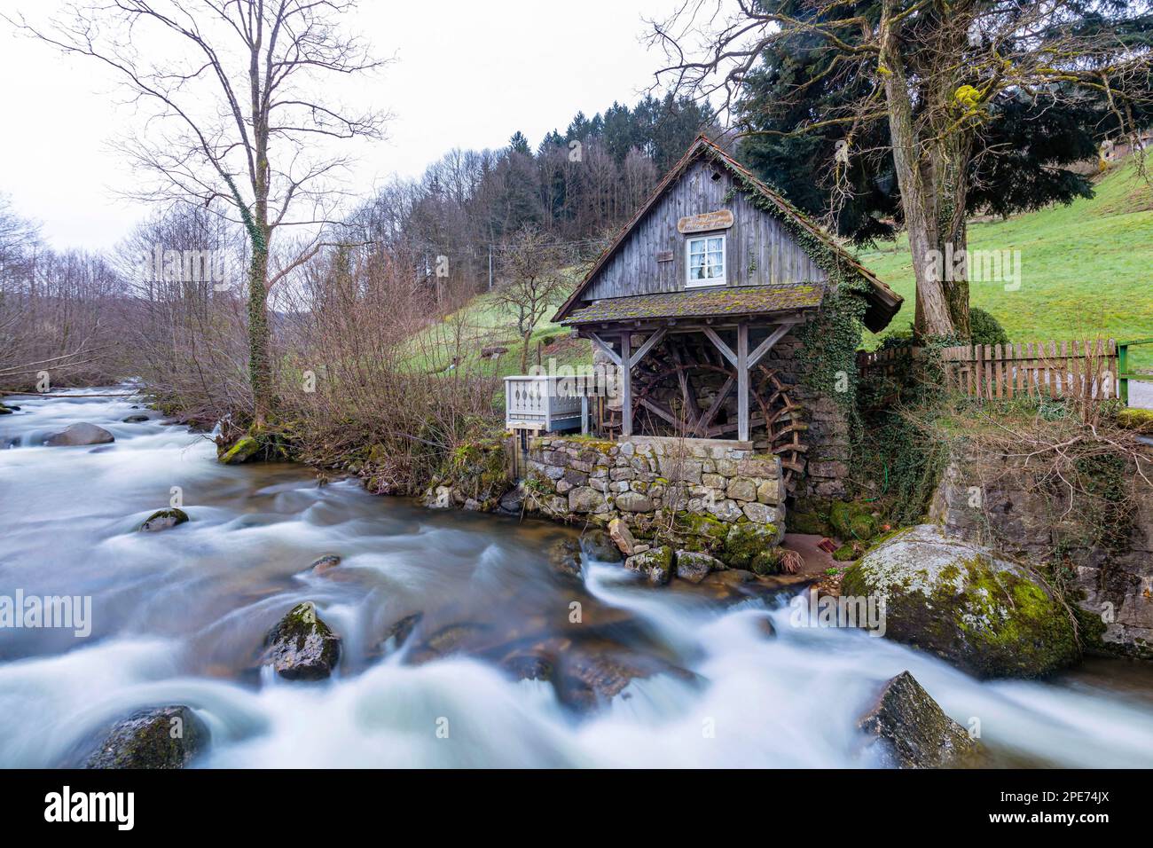 Rainbauernmuehle nella Foresta Nera, mulino ad acqua sul fiume Acher a Ottenhoefen, Baden-Wuerttemberg, Germania Foto Stock