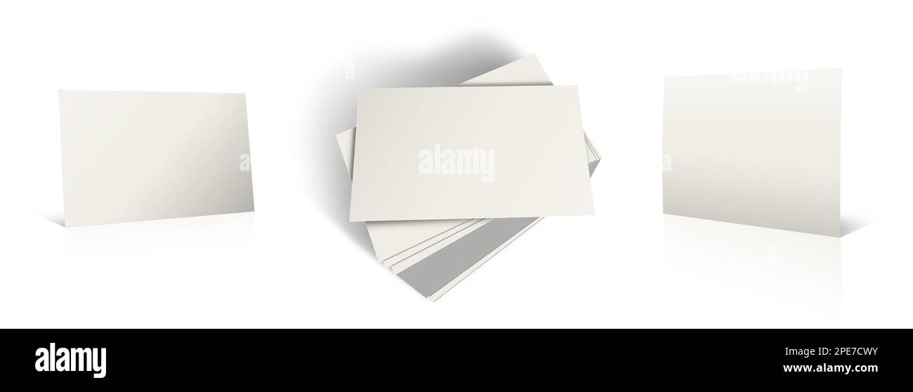 Tre modelli di biglietti da visita bianchi per layout e design delle presentazioni. Rendering 3D. Immagine generata digitalmente. Isolato su sfondo bianco. Foto Stock