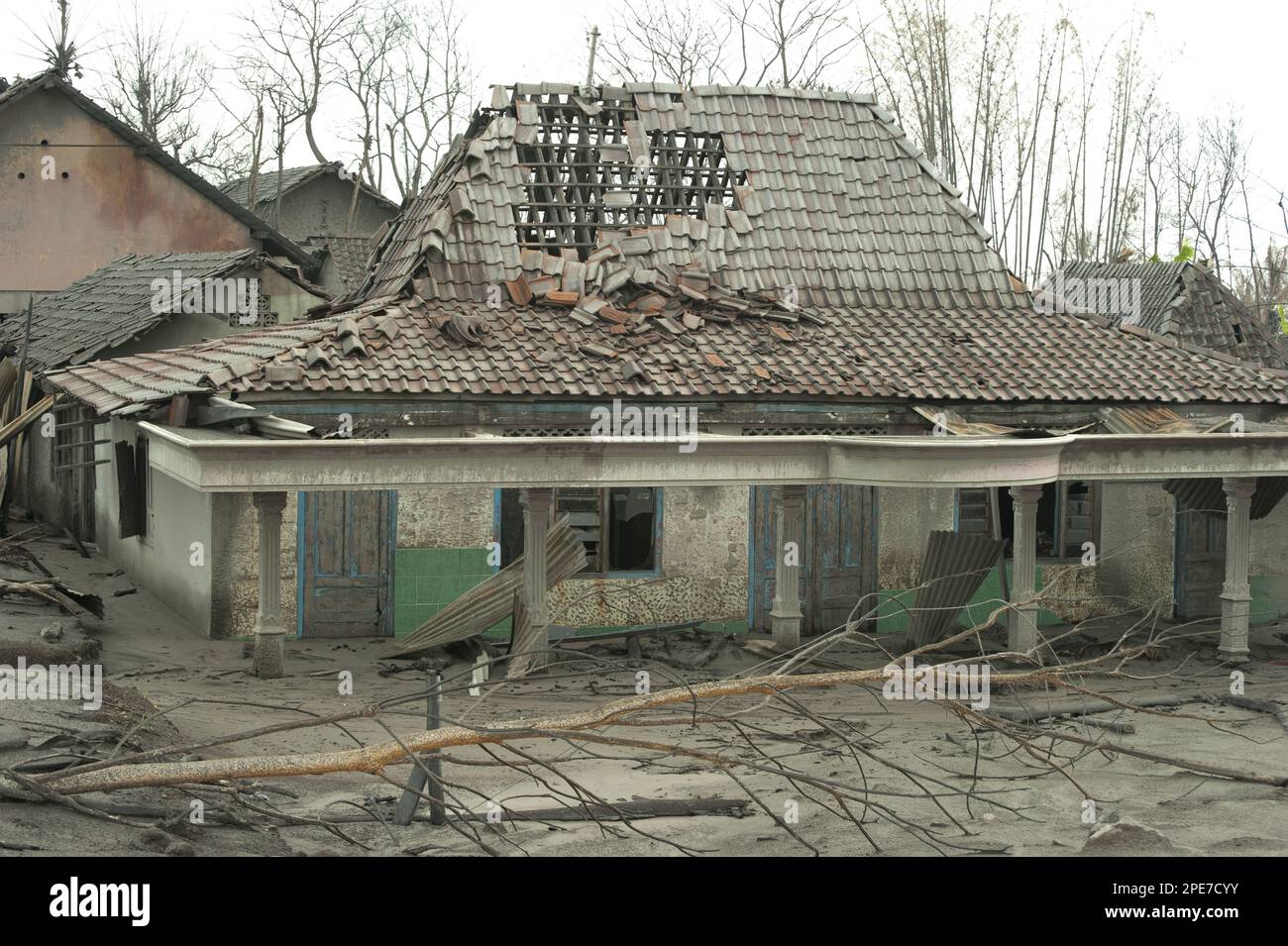 Cenere-coperto tetto di una casa danneggiata e alberi morti, dalla recente eruzione vulcanica, Kepuharjo, Monte Merapi, Giava Centrale, Indonesia, Novembre 2010 Foto Stock