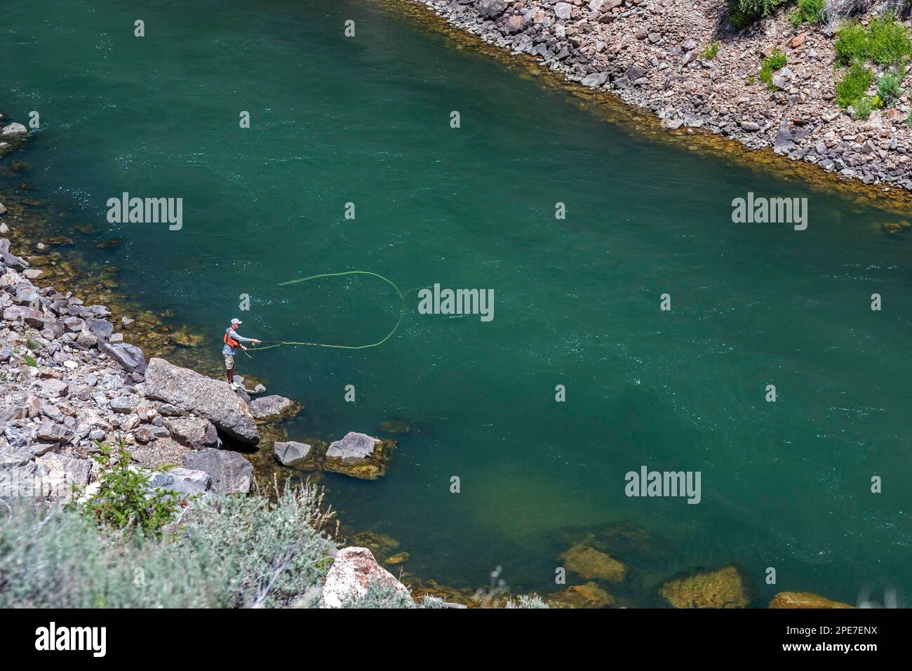 Cimmaron, Colorado, Un pescatore a mosca sotto la diga di Morrow Point sul fiume Gunnison nell'area ricreativa nazionale di Curecanti Foto Stock