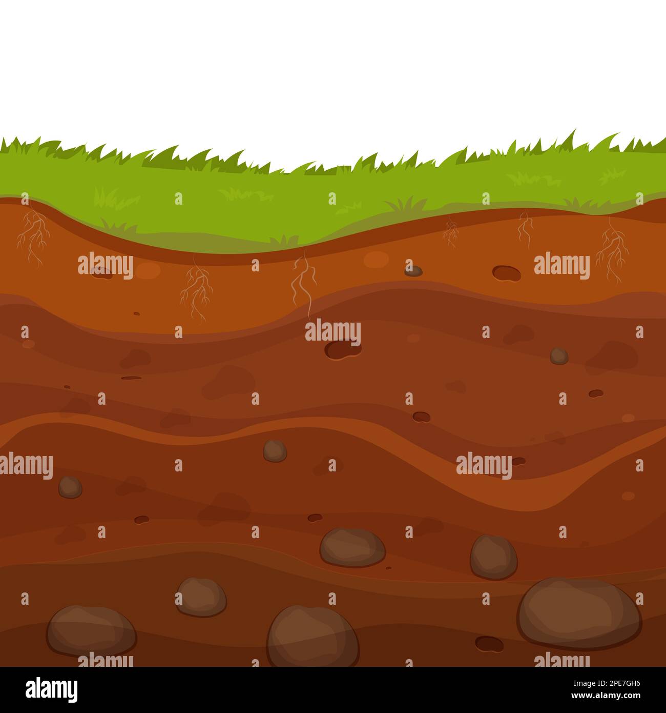 Terreno, terreno con strati, radici di erba e pietre, sezioni di terra in stile cartoon isolato su sfondo bianco. Illustrazione vettoriale Illustrazione Vettoriale