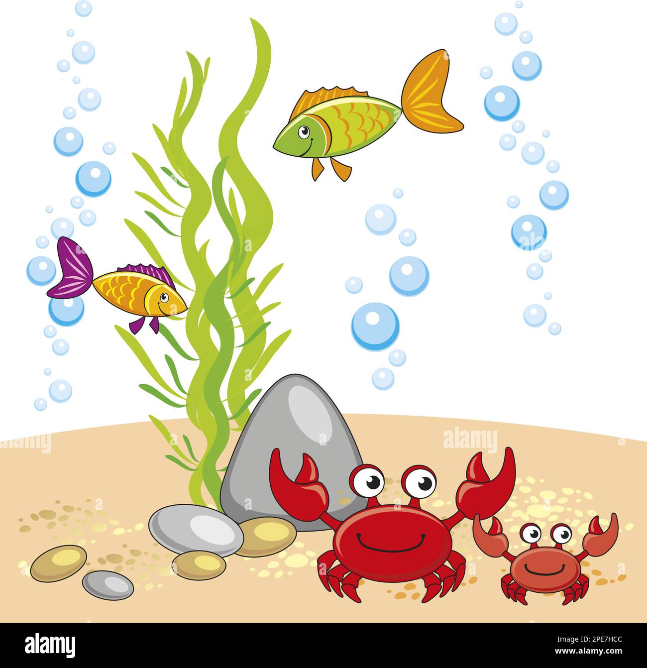 cartoni animati vettoriali illustrazione del mondo sottomarino con granchi, pesci, fondo sabbioso, rocce, alghe, bolle sfondo bianco. Illustrazione Vettoriale