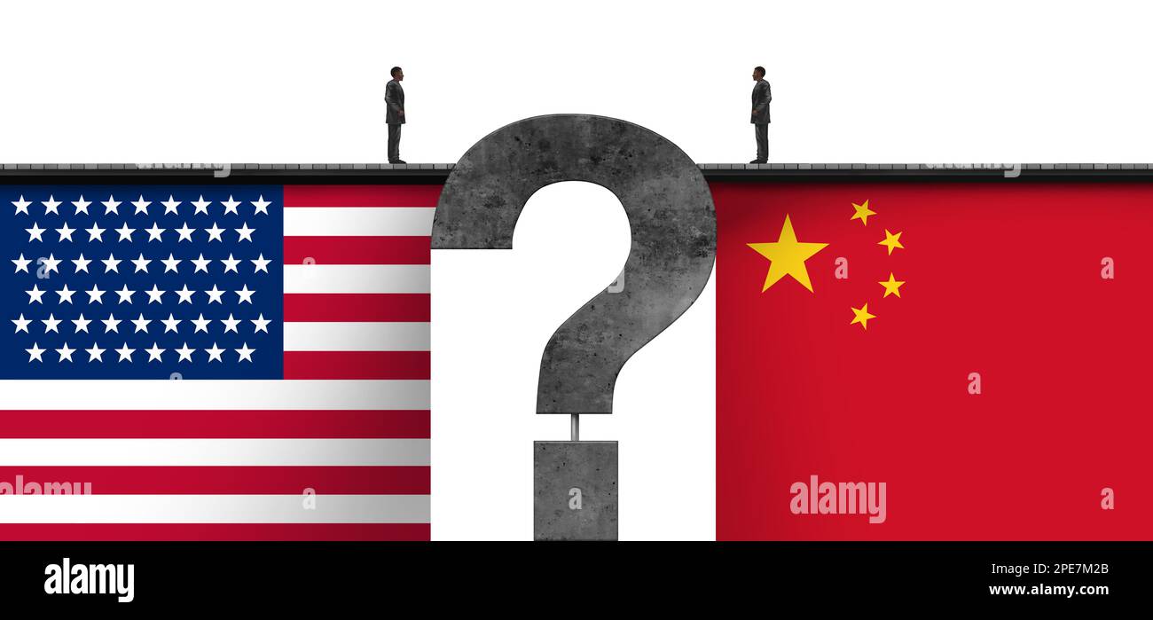Cina gli Stati Uniti interrogano e incertezza geopolitica per il commercio degli Stati Uniti e il conflitto politico americano come due partner globali in un americano Foto Stock