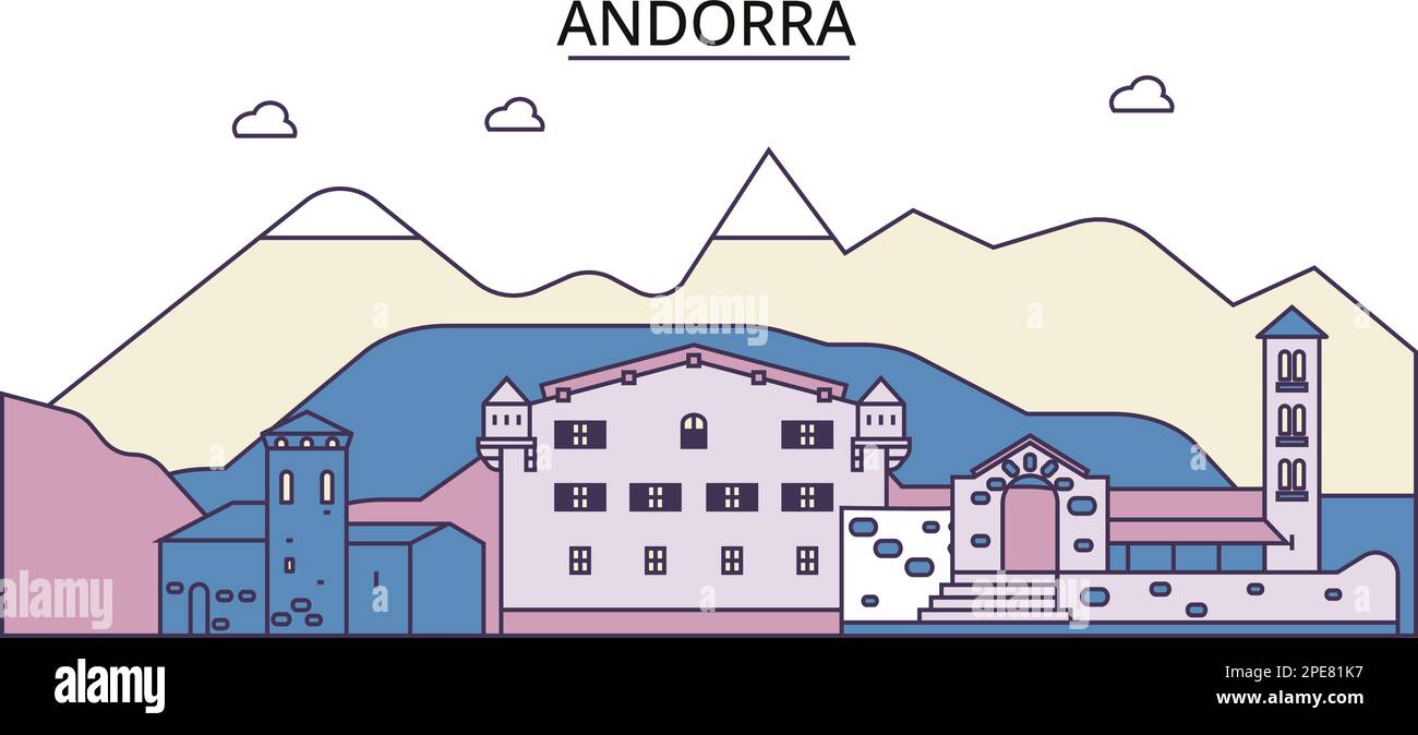 Andorra luoghi di interesse turistico, vettore città viaggio illustrazione Illustrazione Vettoriale