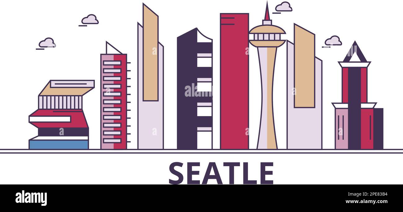 Stati Uniti, Seattle City luoghi di interesse turistico, vettore città viaggio illustrazione Illustrazione Vettoriale