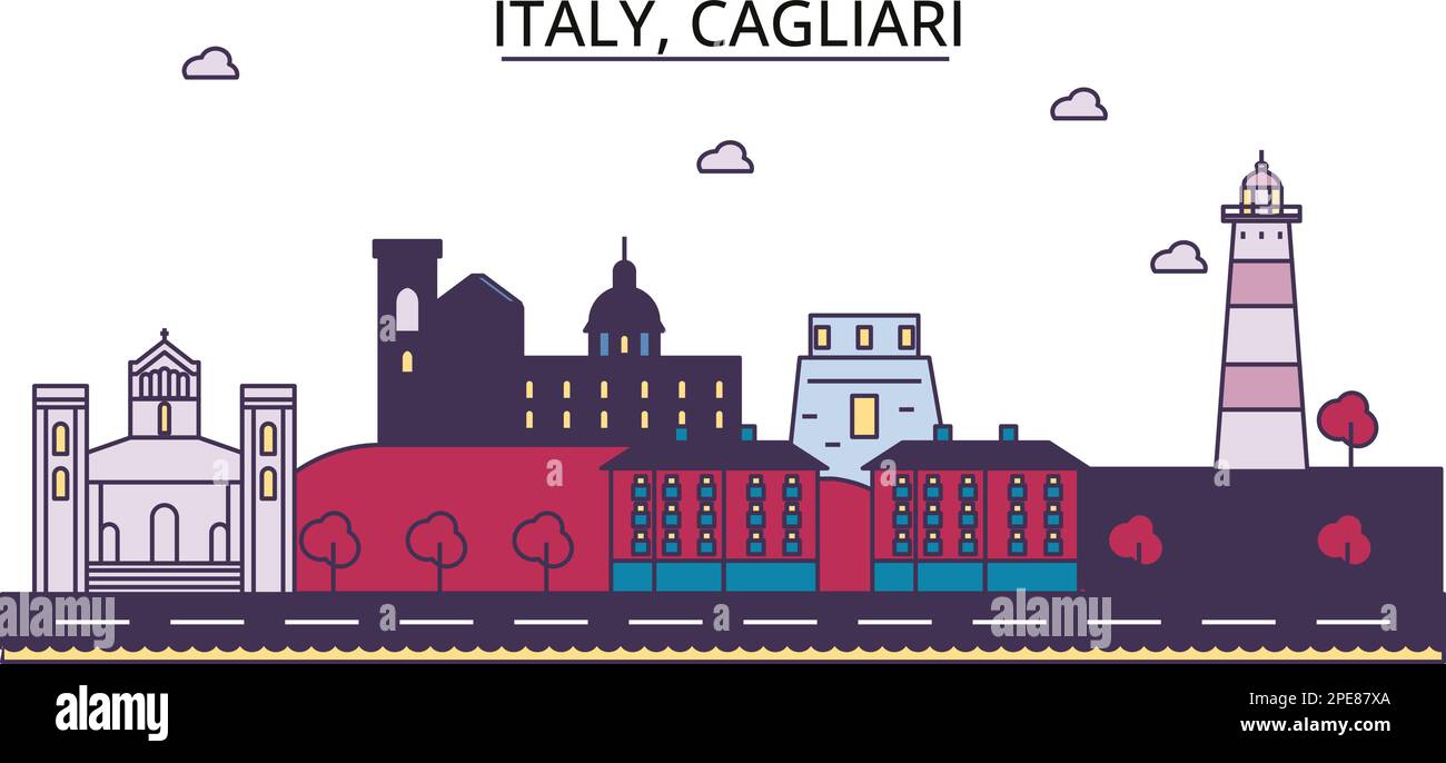 Italia, punti di riferimento del turismo a Cagliari, illustrazione vettoriale del viaggio in città Illustrazione Vettoriale