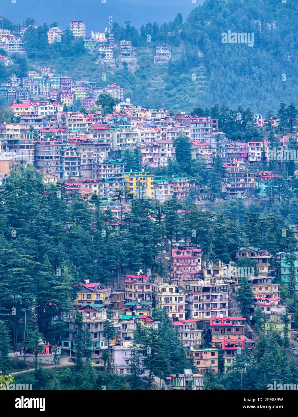 Dall'Elysium Hotel si può osservare la zona urbana di Shimla Foto Stock