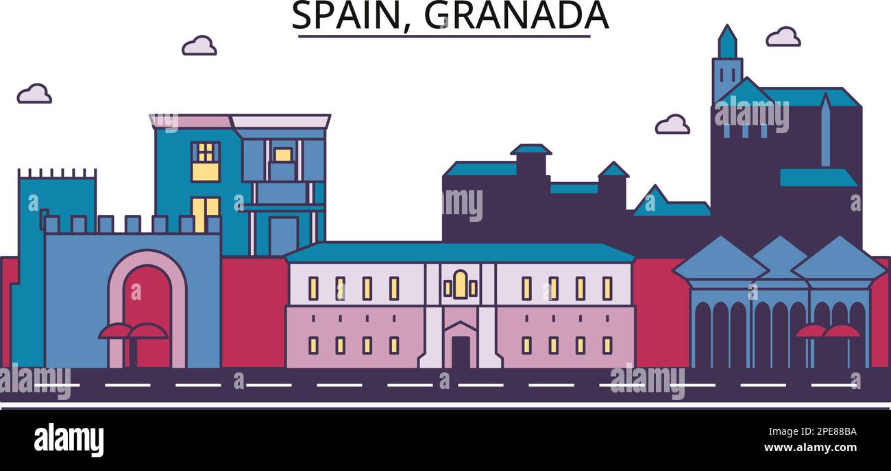 Spagna, Granada luoghi di interesse turistico, vettore città viaggio illustrazione Illustrazione Vettoriale