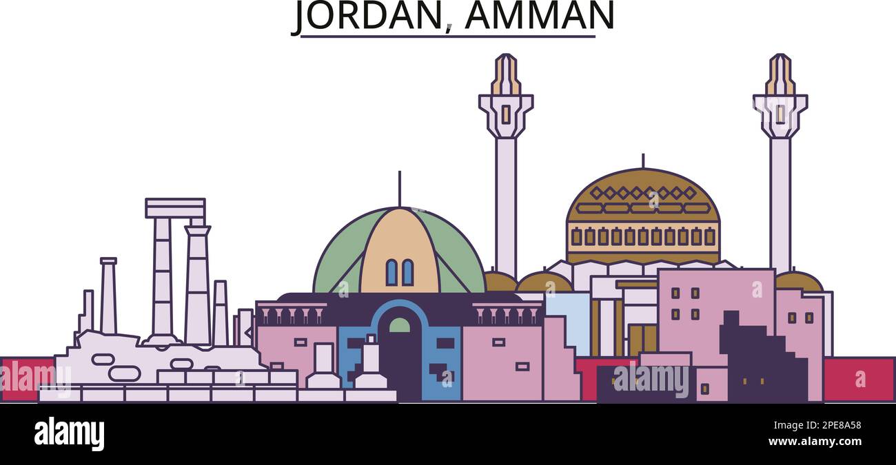Giordania, punti di riferimento del turismo di Amman, illustrazione vettoriale dei viaggi in città Illustrazione Vettoriale