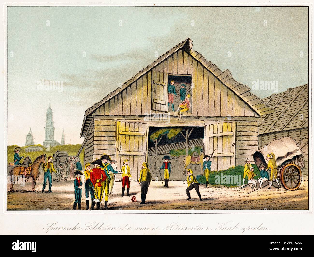 Soldati spagnoli che giocano al Millernthor, Amburgo, Germania del Nord, Illustrazione circa 1892 Foto Stock