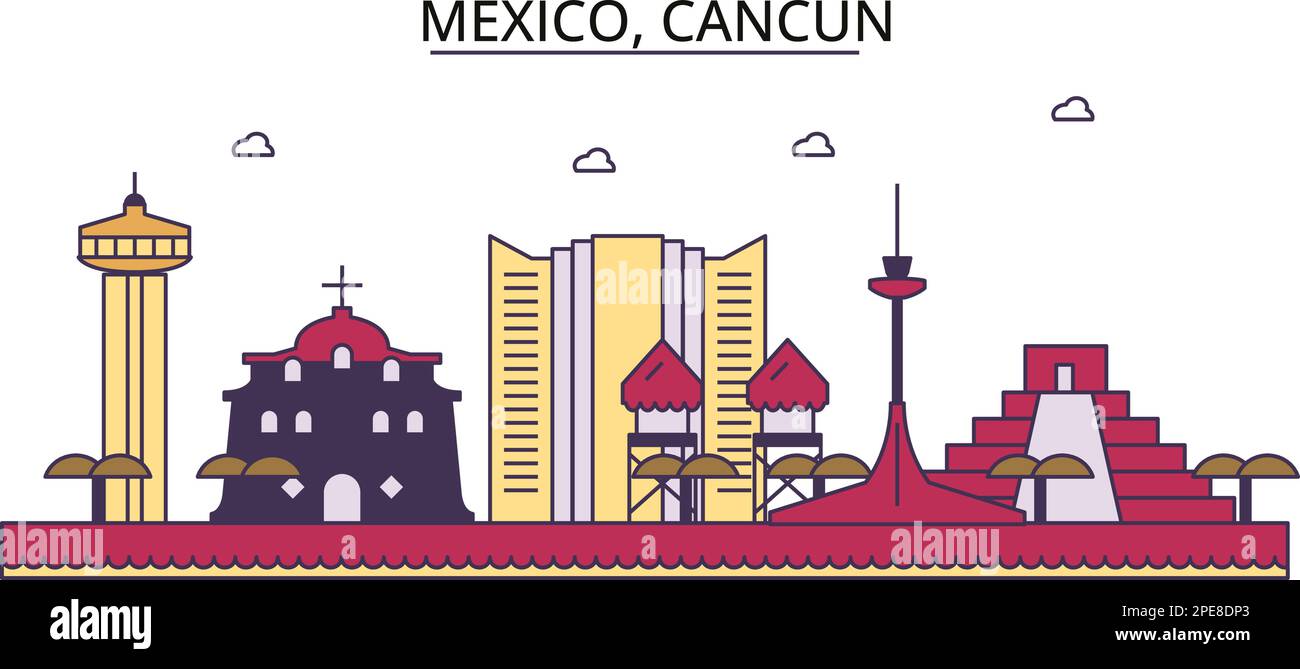 Messico, Cancun luoghi di interesse turistico, vettore città viaggio illustrazione Illustrazione Vettoriale