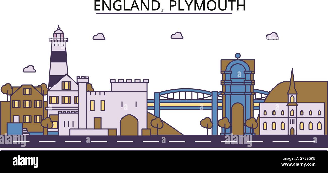 Regno Unito, Plymouth luoghi di interesse turistico, vettore città viaggio illustrazione Illustrazione Vettoriale