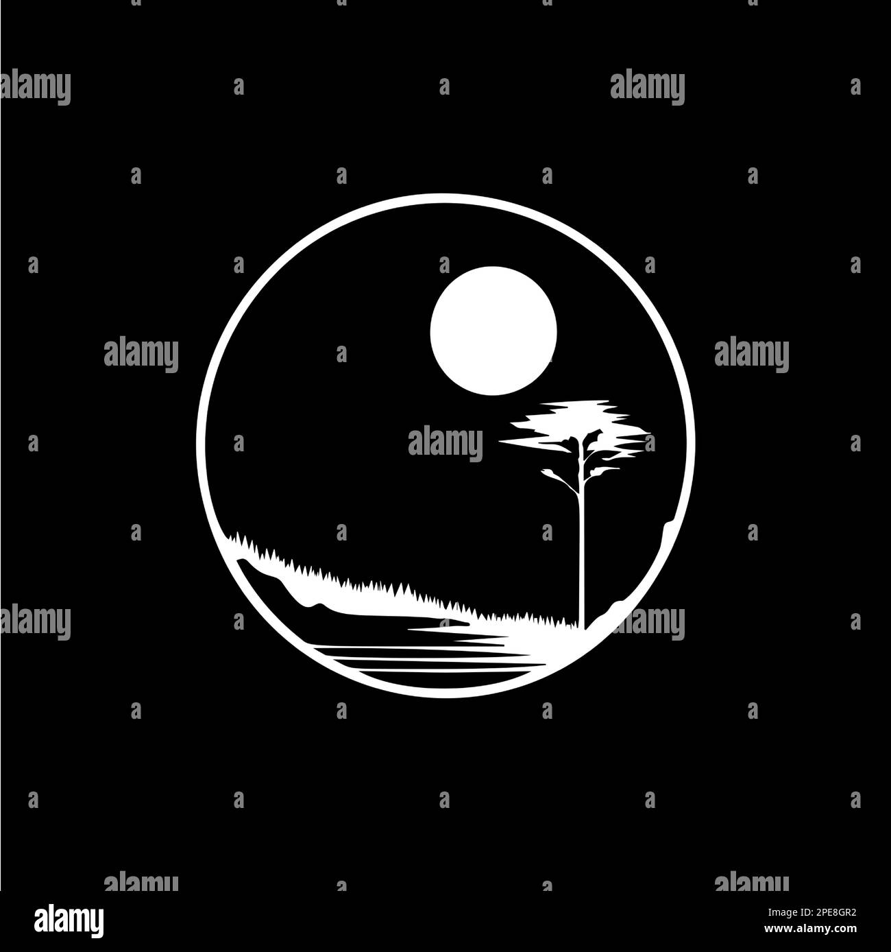 Logo rotondo minimalistico dessert, paesaggio prateria silhouette icona bianca su sfondo nero, concetto di logotipo monocromatico campagna, scenografia Illustrazione Vettoriale