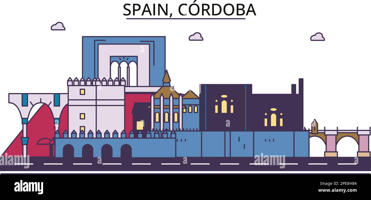 Spagna, Cordoba luoghi di interesse turistico, vettore città viaggio illustrazione Illustrazione Vettoriale