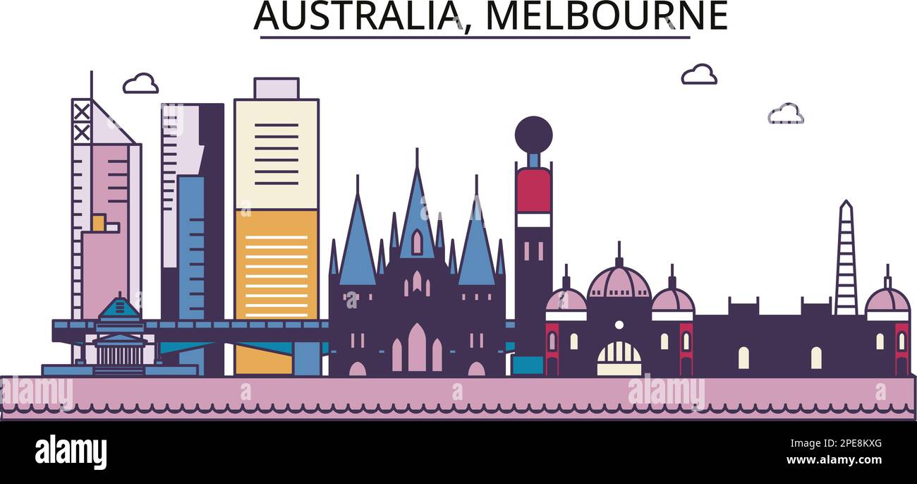 Australia, luoghi di interesse turistico di Melbourne, illustrazione vettoriale dei viaggi in città Illustrazione Vettoriale
