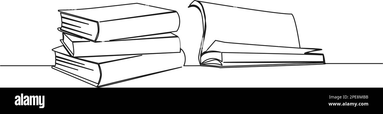 disegno a linea singola continuo di un libro aperto accanto a una pila di libri, illustrazione vettoriale della line art Illustrazione Vettoriale