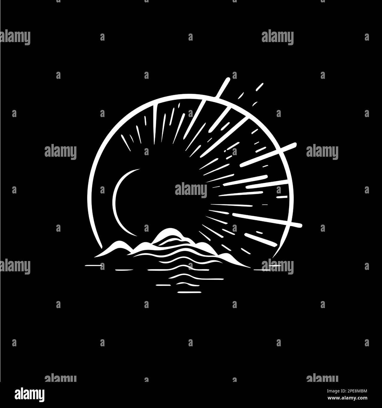 Logo rotondo minimalista alba, sole raggi silhouette paesaggio icona bianca su sfondo nero, concetto di logotipo monocromatico campagna, scenografia Illustrazione Vettoriale