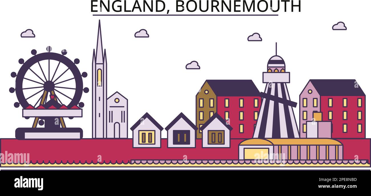 Regno Unito, Bournemouth turismo punti di riferimento, vettore città viaggio illustrazione Illustrazione Vettoriale