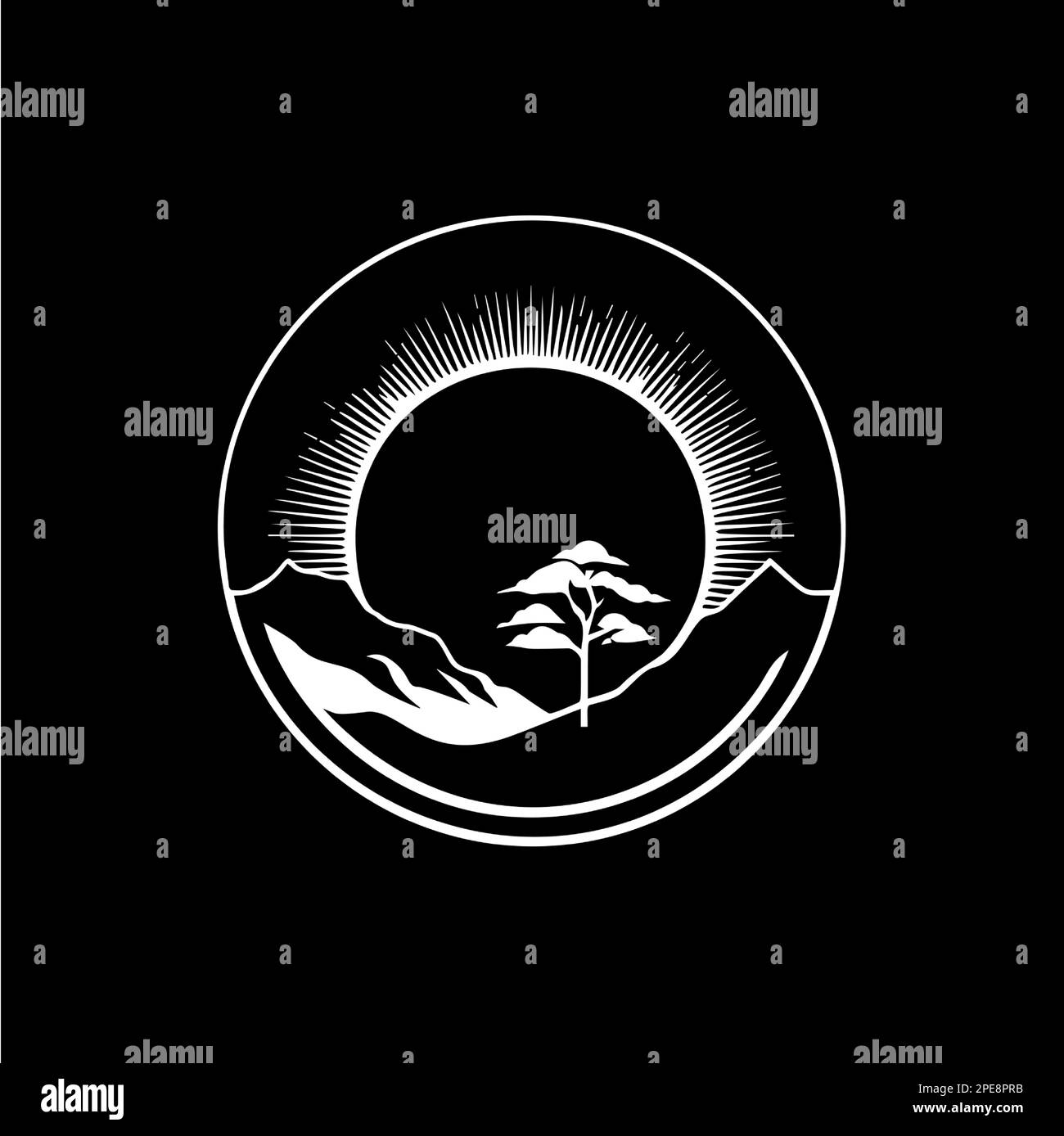 Logo minimalistico rotondo campagna, paesaggio prateria silhouette icona bianca su sfondo nero, concetto di logotipo monocromatico campagna, scenario Illustrazione Vettoriale