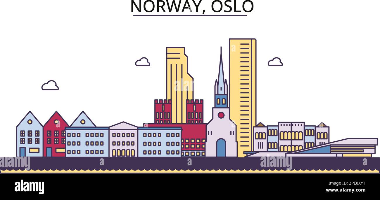 Norvegia, punti di riferimento turistici di Oslo, illustrazione vettoriale del viaggio in città Illustrazione Vettoriale