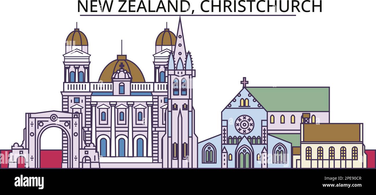 Nuova Zelanda, luoghi di interesse turistico di Christchurch, illustrazione vettoriale dei viaggi in città Illustrazione Vettoriale