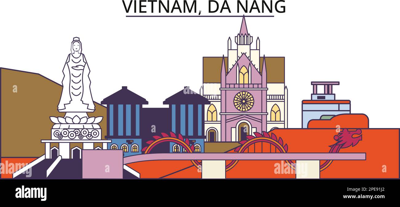 Vietnam, da Nang luoghi di interesse turistico, vettore città viaggio illustrazione Illustrazione Vettoriale