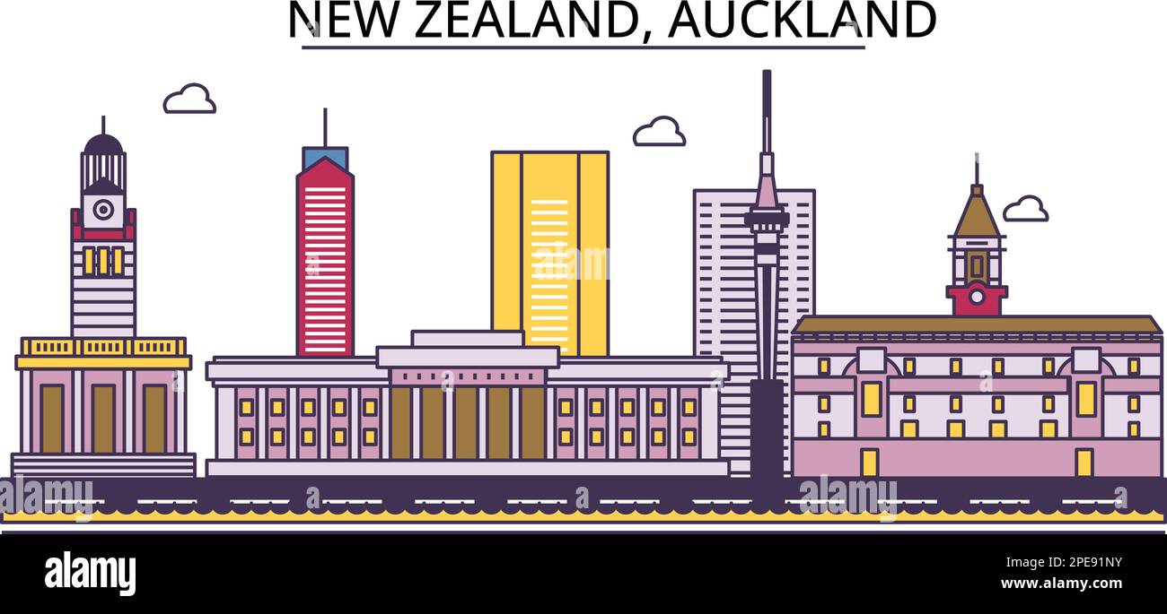 Nuova Zelanda, Auckland luoghi di interesse turistico, vettore città viaggio illustrazione Illustrazione Vettoriale