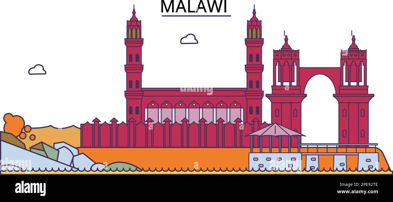 Luoghi di interesse turistico del Malawi, illustrazione vettoriale dei viaggi in città Illustrazione Vettoriale