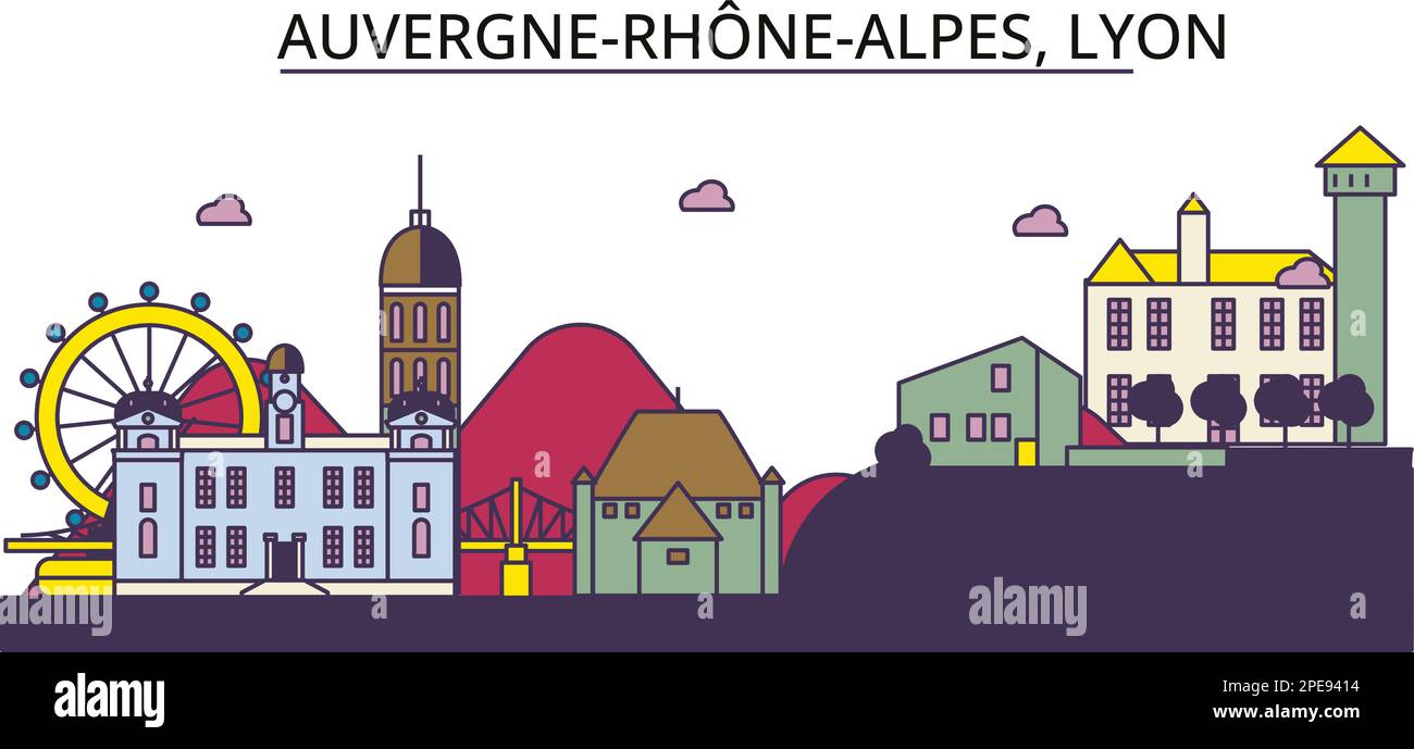 Francia, luoghi di interesse turistico di Lione, illustrazione vettoriale dei viaggi in città Illustrazione Vettoriale