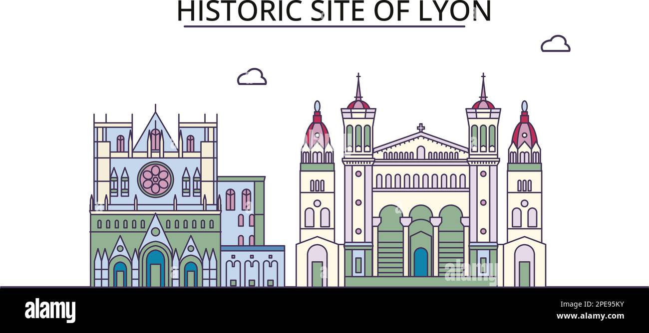Francia, città di Lione luoghi di interesse turistico, vettore città viaggio illustrazione Illustrazione Vettoriale