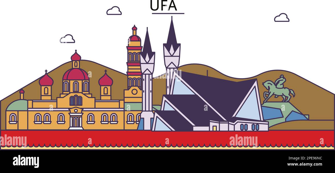 Russia, Ufa turismo punti di riferimento, vettore città viaggio illustrazione Illustrazione Vettoriale