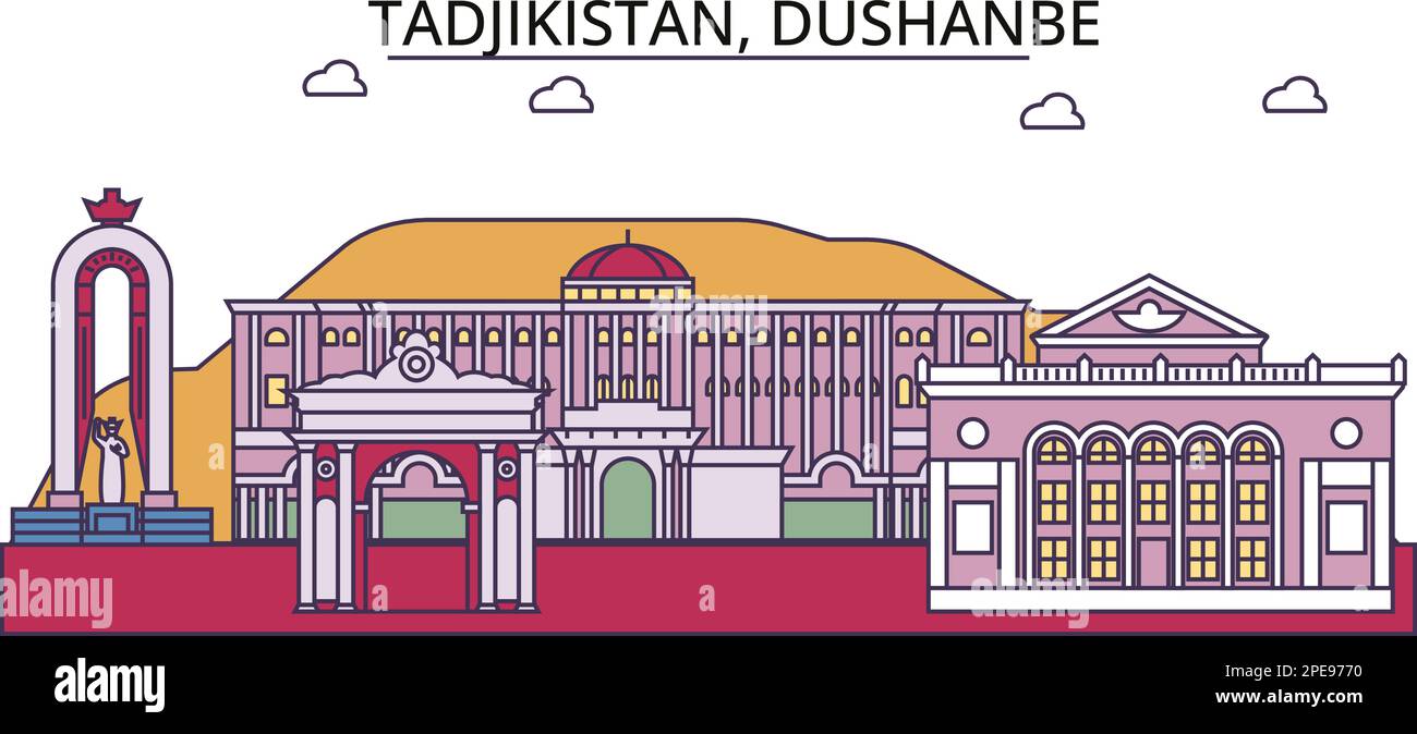 Tadjikistan, Dushanbe punti di riferimento turistico, vettore città viaggio illustrazione Illustrazione Vettoriale