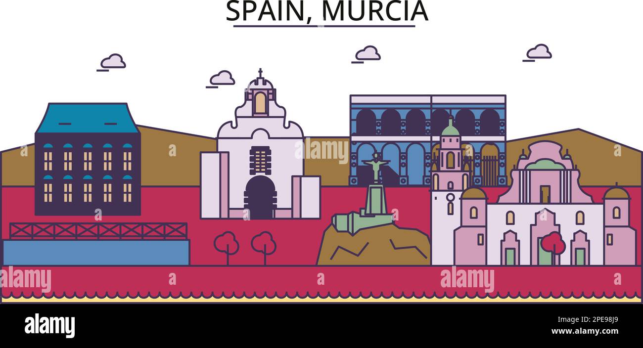 Spagna, Murcia luoghi di interesse turistico, vettore città viaggio illustrazione Illustrazione Vettoriale