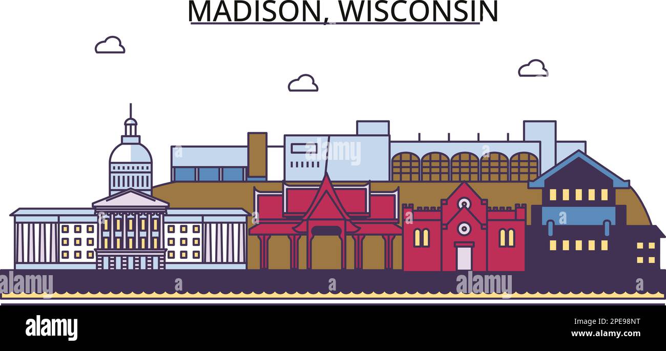Stati Uniti, Madison luoghi di interesse turistico, vettore città viaggio illustrazione Illustrazione Vettoriale