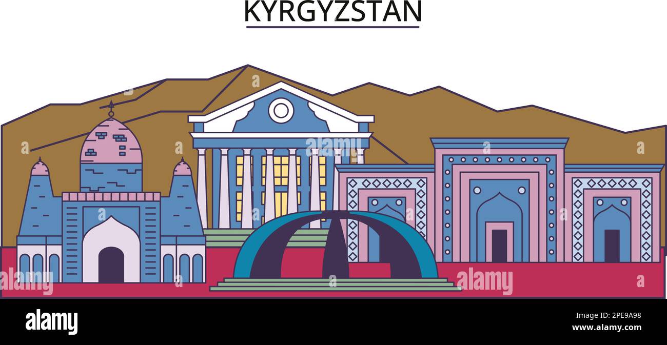 Attrazioni turistiche del Kirghizistan, illustrazione vettoriale dei viaggi in città Illustrazione Vettoriale