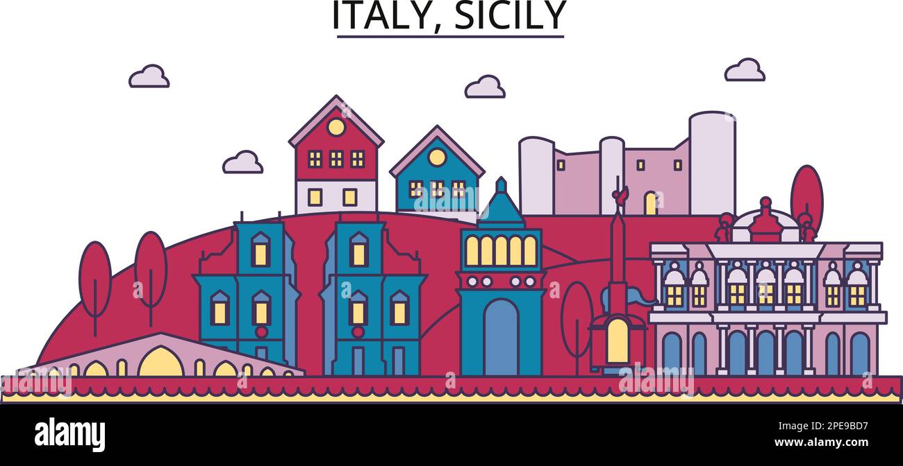 Italia, Sicilia luoghi di interesse turistico, vettore città viaggio illustrazione Illustrazione Vettoriale