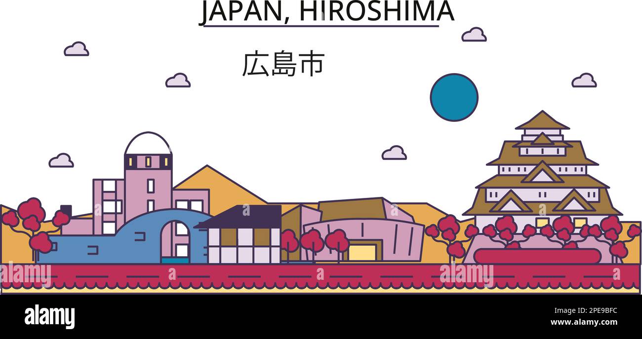 Giappone, Hiroshima luoghi di interesse turistico, vettore città viaggio illustrazione Illustrazione Vettoriale