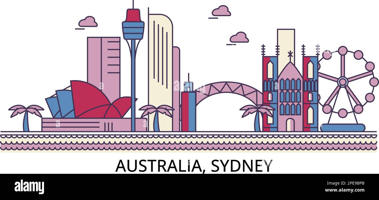 Australia, luoghi di interesse turistico della città di Sydney, illustrazione vettoriale dei viaggi in città Illustrazione Vettoriale
