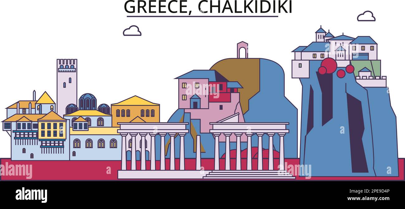 Grecia, Chalkidiki turismo punti di riferimento, vettore città viaggio illustrazione Illustrazione Vettoriale