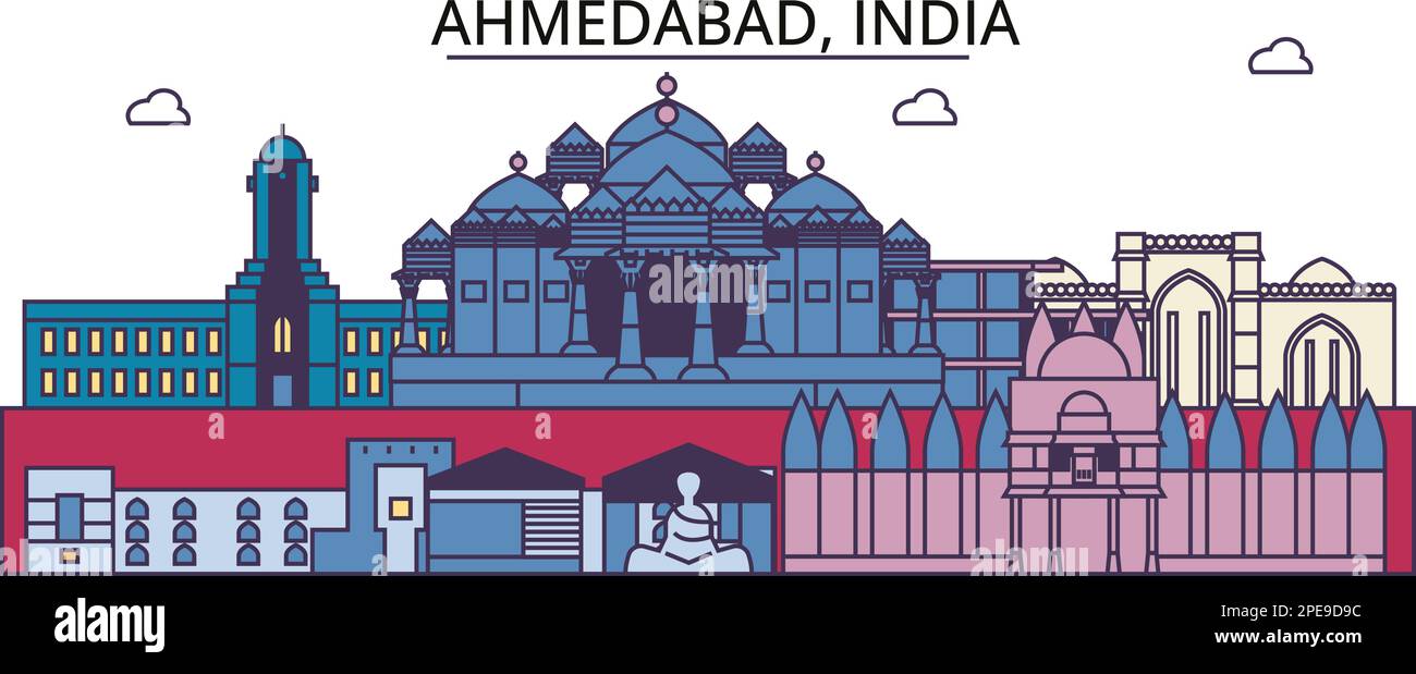 India, Ahmedabad turismo punti di riferimento, vettore città viaggio illustrazione Illustrazione Vettoriale