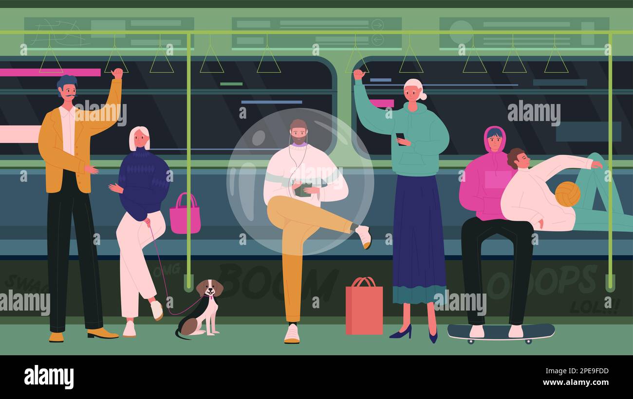 Persona introverso racchiusa in un concetto di bolla personale. Un giovane solitario con un telefono, all'interno di una sfera protettiva, seduto con altri individui su un treno della metropolitana vettore illustrazione Illustrazione Vettoriale