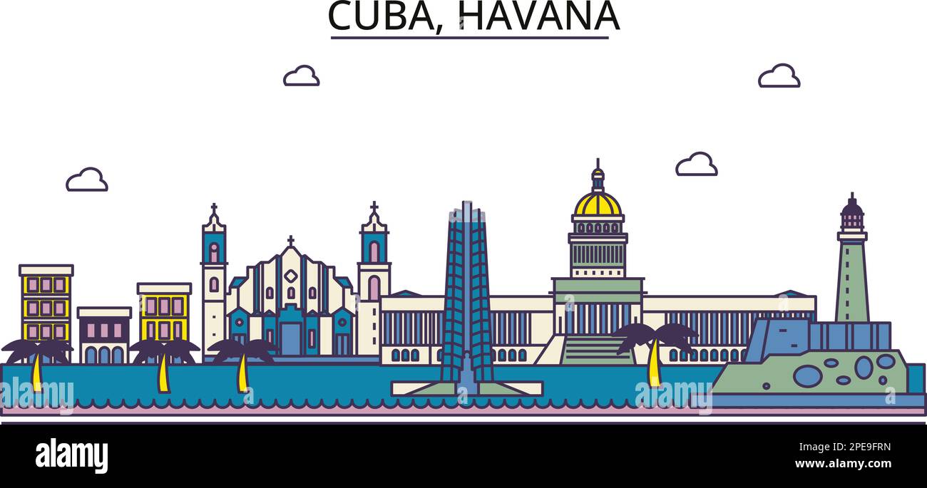 Cuba, luoghi di interesse turistico dell'Avana, illustrazione vettoriale dei viaggi in città Illustrazione Vettoriale