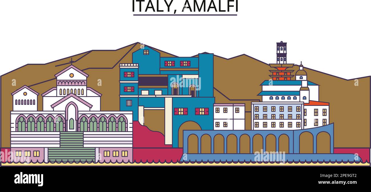 Italia, punti di riferimento del turismo ad Amalfi, illustrazione vettoriale del viaggio in città Illustrazione Vettoriale