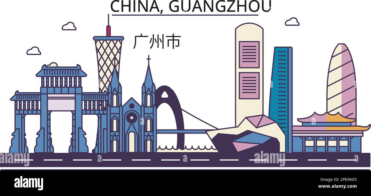 Cina, punti di riferimento del turismo di Guangzhou, illustrazione vettoriale di viaggio della città Illustrazione Vettoriale