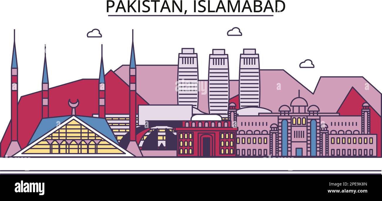 Pakistan, Islamabad turismo punti di riferimento, vettore città viaggio illustrazione Illustrazione Vettoriale