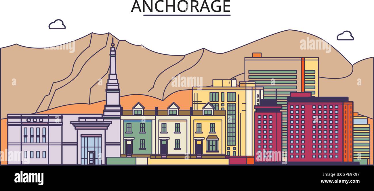 Stati Uniti, Anchorage City turismo punti di riferimento, vettore città viaggio illustrazione Illustrazione Vettoriale