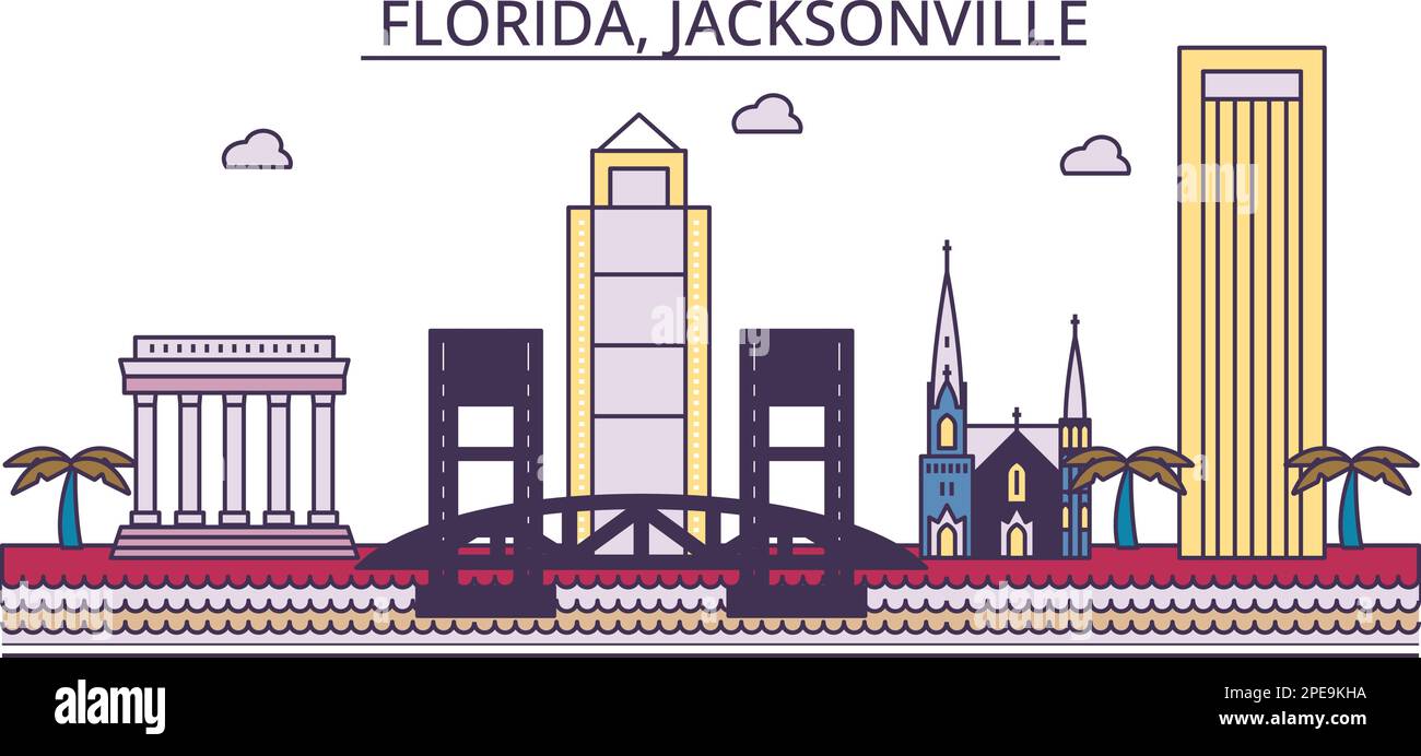 Stati Uniti, luoghi di interesse turistico di Jacksonville, illustrazione vettoriale di viaggio della città Illustrazione Vettoriale